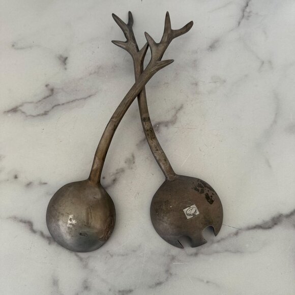 Antler-Inspired Metal Salad Servers 13.75" Made India - Picture 5 of 5